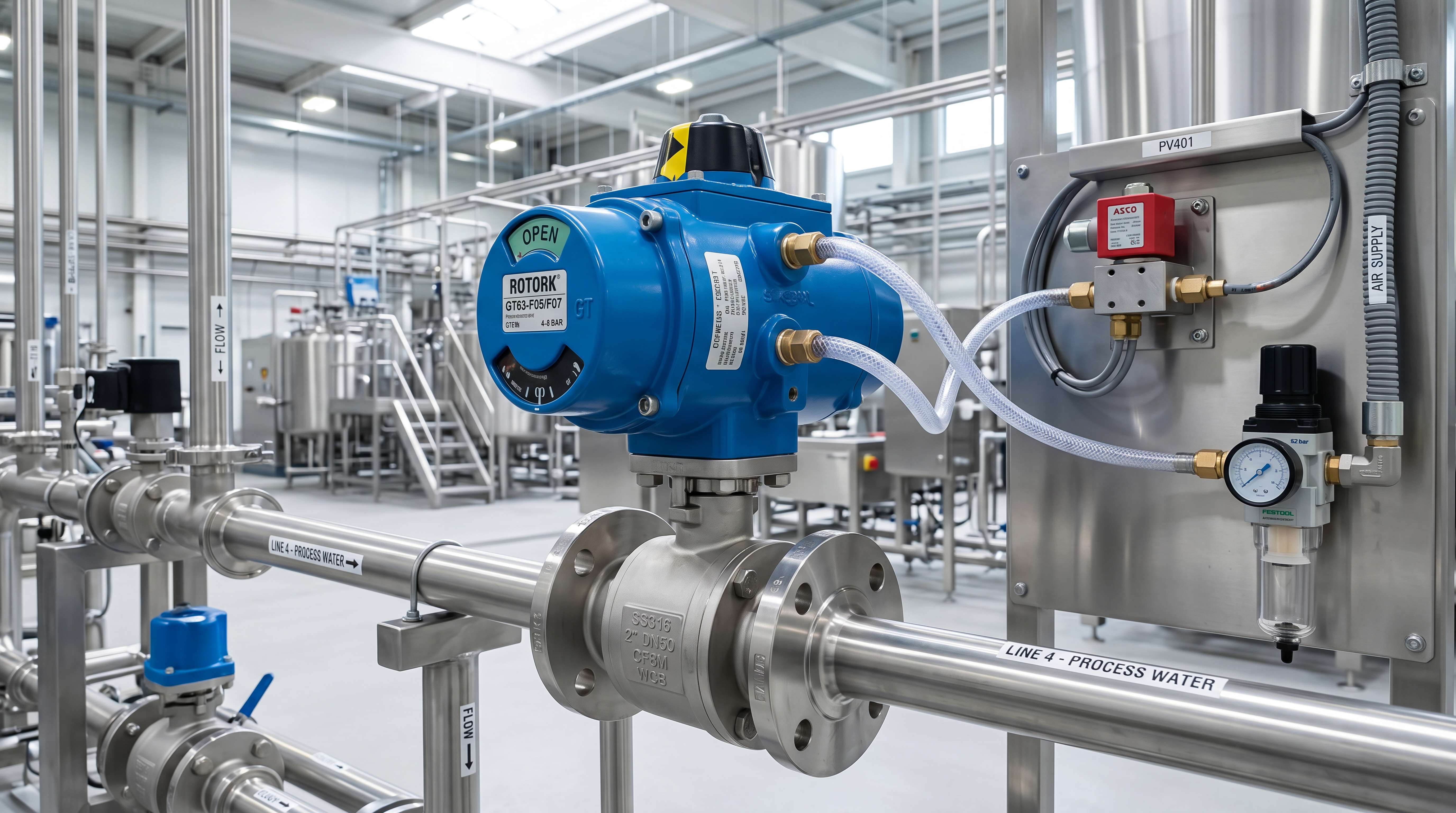 Actuated ball valve installed on an industrial process water line with pneumatic control components and air supply system